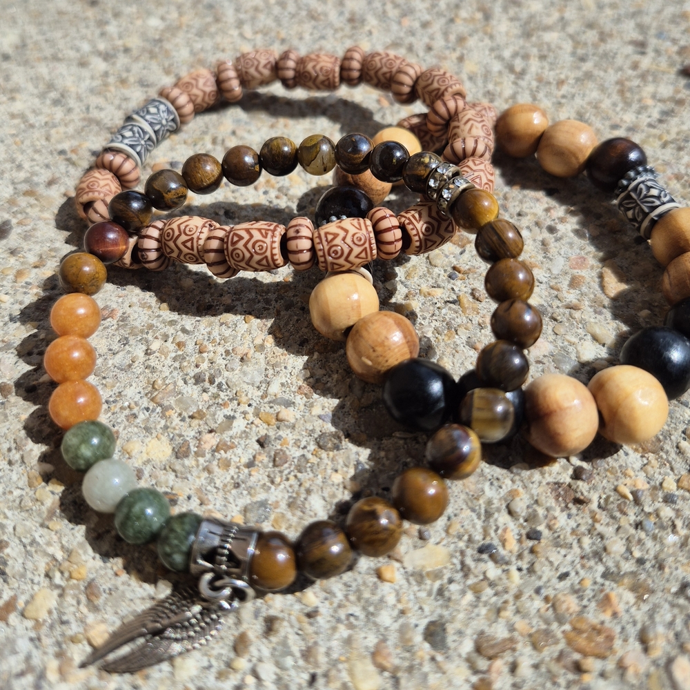Handmade Buddha Stones Natural Tigers Eye And Alashan Agate Braclet  Set!